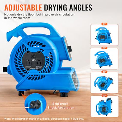 VEVOR Floor Blower, 1360 RPM 600 CFM, Air Mover for Drying and Cooling, Portable Carpet Dryer Fan with 4 Blowing Angles,3-Speeds Adjustment, for Janitorial, Home, Plumbing, Commercial Use - size: 600 CFM (3-Speed)