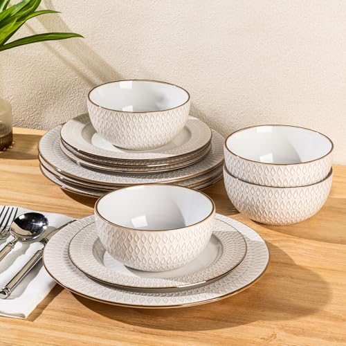 GBHOME Ceramic Dinnerware Sets of 6,18 pcs Plates and Bowls Sets Dishes - color: Pearl White-Diamond, size: Service for 6 (18 pcs)