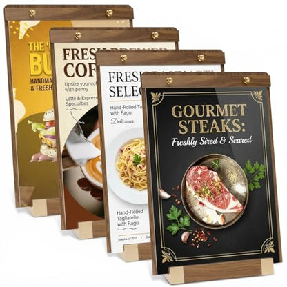 4 Pack Acrylic Sign Holder 8.5 x 11 with Walnut Wood Base, Tabletop Clear Display Stand for Restaurant Menus, Office Flyers & Wedding Table Numbers - color: 4 Pack
