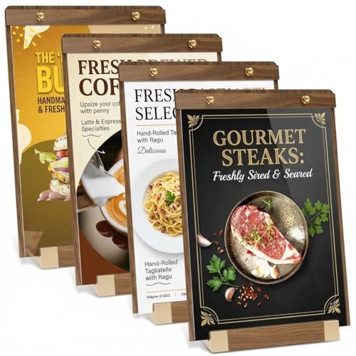 4 Pack Acrylic Sign Holder 8.5 x 11 with Walnut Wood Base, Tabletop Clear Display Stand for Restaurant Menus, Office Flyers & Wedding Table Numbers - color: 4 Pack