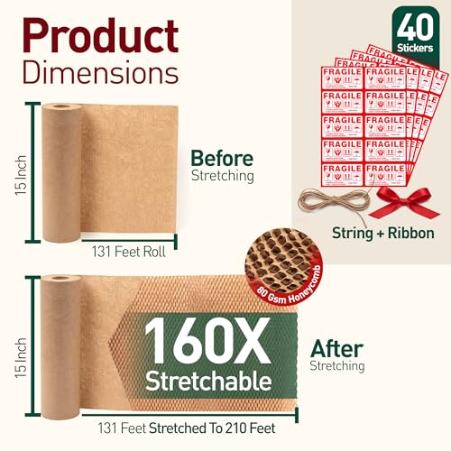 Honeycomb Packing Paper, 15 Inch x 131 FT – Eco-Friendly Recyclable Cushioning Wrap Roll for Moving & Shipping, Bubble Wrap Alternative with Rope, Ribbon & 40 Fragile Stickers - size: 15" x 131'