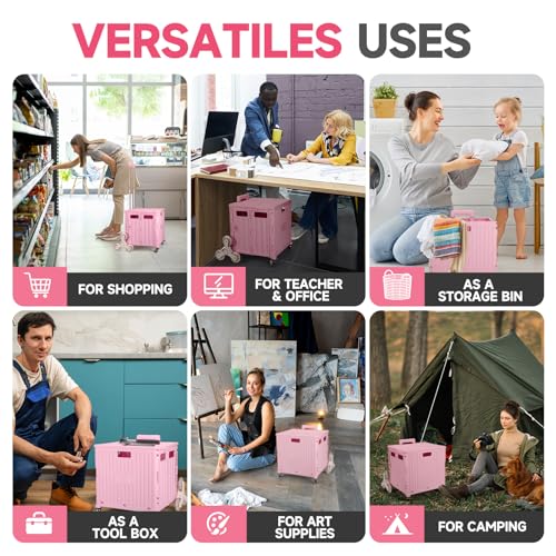 Nedcart Rolling Crate with Stair Climbing Wheels, Foldable Utility Cart with Detachable Lid & Telescoping Handle, Portable Rolling Cart Tote Basket for Teacher Upstairs Grocery Shopping