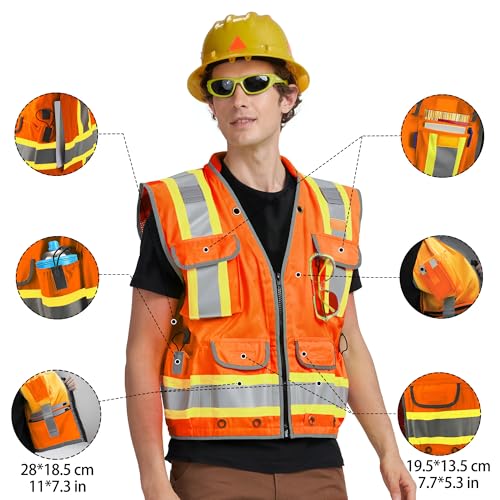 AYKRM Heavy Woven cotton High Vis Reflective work construction safety vest for men Class 2 with ipad Cargo Back Pocket - color: Orange, size: Large