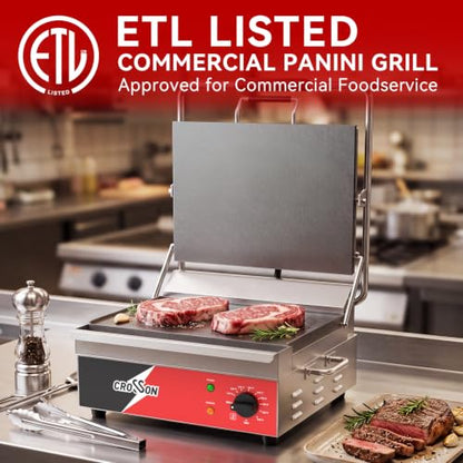 CROSSON 15"×11" Flat ETL Listed Commercial Electric Panini Grill,Hinged Auto Leveling Top Plate Panini Press Sandwitch Maker