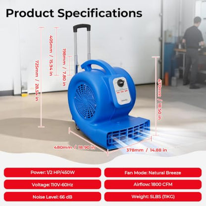 Air Mover Blower Fan, 1/2 HP Floor Dryer, 1800 CFM 3 Speed Adjustable Wide Angle Airflow, Swivel Wheels Telescopic Handle 7ft Cord, Carpet Floor Commercial Use