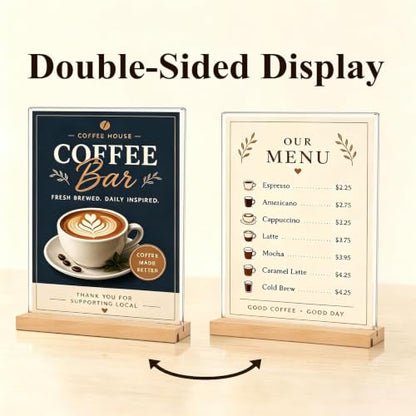 8.5x11 Acrylic Sign Holder with Wooden Base 4 Pack Adjustable Vertical/Tilt - color: Natural, size: 8.5"x11"