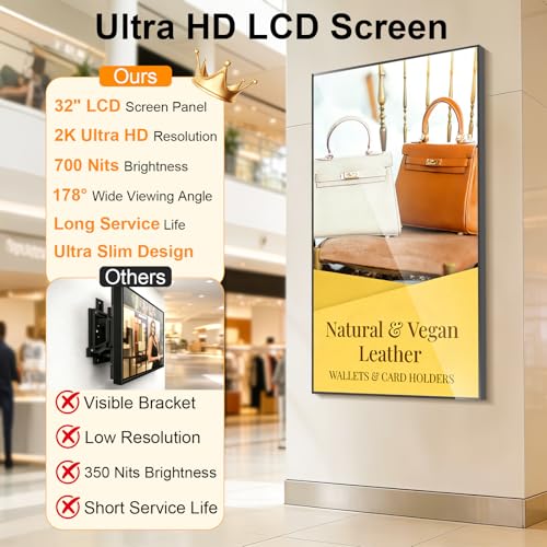 32" Wall Mount Digital Signage, 1000nits Slim Fit Frameless Digital Signage Display, LCD Monitor Advertising Screen, Android OS with HDMI in, Publishing Content with U-Disk/APP/CMS - size: 32"+1000nits