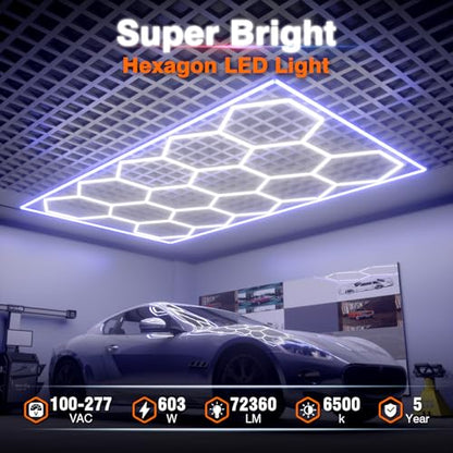 Hexagon Garage Lights, 14 Grids Hexagon LED Lights with Rectangle Frame, 603W 6500K Super Bright Honeycomb Light for Warehouse, Car Detailing Shop, Exhibition Hall, Gym(Blue) - size: 14 HEX+Blue Border