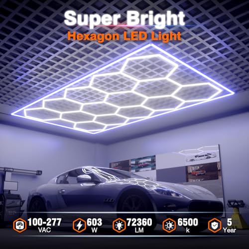 Hexagon Garage Lights, 14 Grids Hexagon LED Lights with Rectangle Frame, 603W 6500K Super Bright Honeycomb Light for Warehouse, Car Detailing Shop, Exhibition Hall, Gym(Blue) - size: 14 HEX+Blue Border