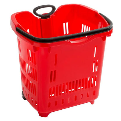 Red Plastic Shopping Basket with Wheels, 21.25x16.5 Inch, 45 lb Capacity, Telescopic Handle, Stackable Design