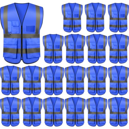 Safety Vests 20 Pack,Hi Vis Construction Vest with 5 Pockets and Zipper,Reflective Vest for Men Women Work One Size - color: Blue