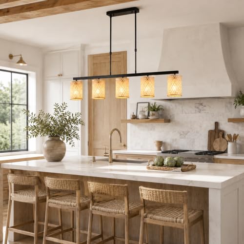 Siittoo 44.49 in Rattan Chandelier, Linear Kitchen Island Pendant Light - color: 44.49 in/Pale straw yellow-5-light
