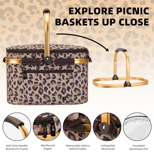 Picnic Basket, 22L Insulated Cooler Foldable, Thick, Leopard Print - color: Leopard Print, size: Medium