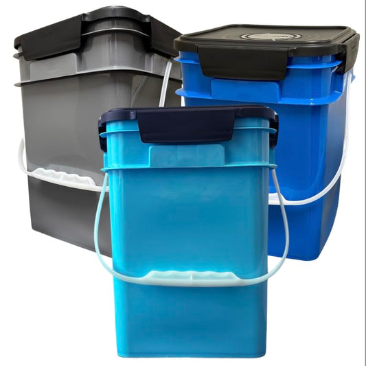 House Naturals 4 Gallon Square Food Grade Bucket Pail with Plastic Handles and Lid (Pack of 3) Made in USA containers (Aqua/Blue/Gray) - color: Aqua/Blue/Gray