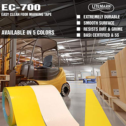LiteMark Smooth Floor Marking Tape, EC-700 Heavy Duty Thick, Easy to Keep Clean, Warehouse, Yellow (1 Inches by 3 Feet) (6 Pack) - color: Yellow