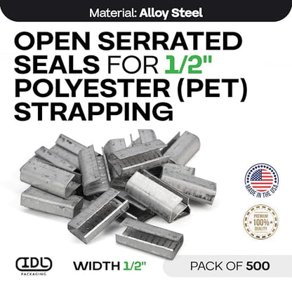 IDL Packaging Open Serrated Seals of 1.25" Length for 1/2" Strap Width Polyester (PET) Strapping (Pack of 500) - Increased Load Securement Due to Serrated Design of Strapping Clips - color: Pack of 500, size: 1/2"