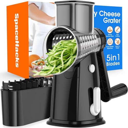 Rotary Cheese Grater Hand Crank, 5-in-1 Vegetable Chopper Spiralizer Slicer - color: Black