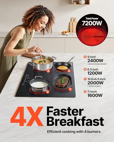 VEVOR 30" 4 Burner Built-in Electric Radiant Cooktop, Touch Sensor Ceramic Stove Top, 7200W,240V Hardwired No Plug, Residual Heat Indicator, Timer Child Lock, 9 Power Levels for Simmer, Steam, Fry - size: 30 IN-4 Burner+Touch Control