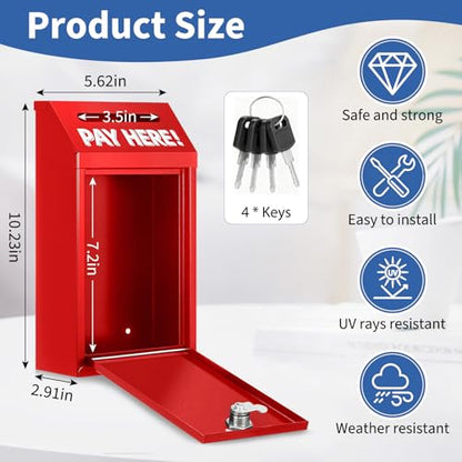 Cash Money Box with Slot – 10.2In Metal Donation Box with Lock for Cash Deposit,Wall Mounted Money Drop with Lock and Slot for Home/Farm/Office/Outdoors(Red) - color: Red