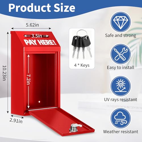 Cash Money Box with Slot – 10.2In Metal Donation Box with Lock for Cash Deposit,Wall Mounted Money Drop with Lock and Slot for Home/Farm/Office/Outdoors(Red) - color: Red