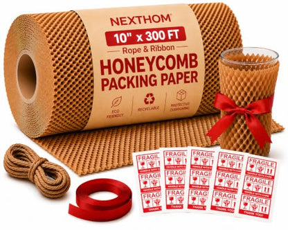 Honeycomb Packing Paper, 10 Inch x 300 FT – Eco-Friendly Recyclable Cushioning Wrap Roll for Moving & Shipping, Bubble Wrap Alternative with Rope, Ribbon & 40 Fragile Stickers - size: 10" x 300'