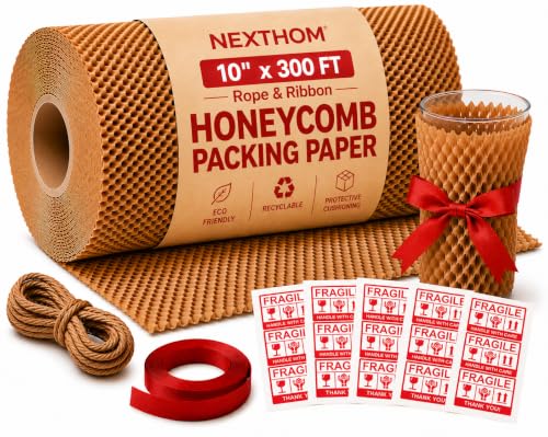 Honeycomb Packing Paper, 10 Inch x 300 FT – Eco-Friendly Recyclable Cushioning Wrap Roll for Moving & Shipping, Bubble Wrap Alternative with Rope, Ribbon & 40 Fragile Stickers - size: 10" x 300'