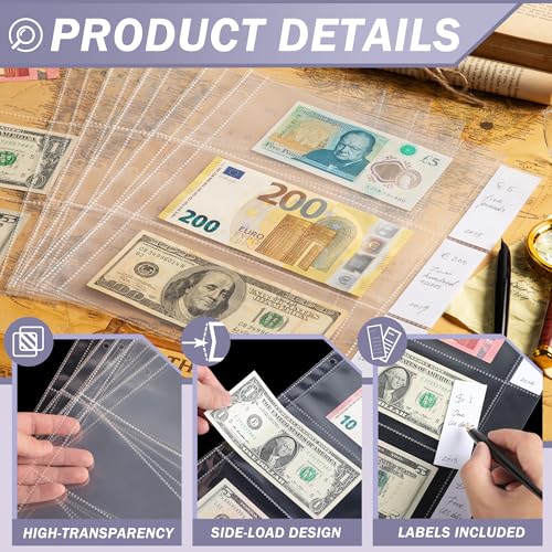 50 Sheets Currency Sleeves 150 Pockets with Labels for 3-Ring Binder - size: 50 Sheets/150 Pockets
