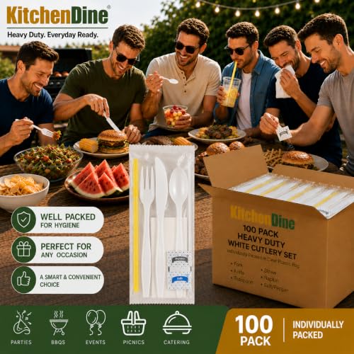 100 pack | Individually wrapped Cutlery set | White Heavy Duty Cutlery | Utensil set with Fork, spoon, knife, Napkin, Straw and Salt/Pepper packets (6 in 1) | Plastic Disposable Flatware Cutlery Kits - color: White