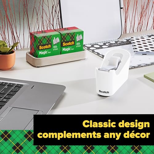 Scotch Tape Dispenser, White, Great for School or Office and Includes 1 Roll of Scotch Magic Tape 3/4 in x 350 in, ABS Material - size: (Pack of 1)