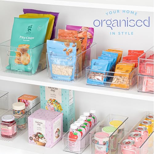 Plastic Food Storage 2 Pack Clear Container Bin with Handles for Organizing Kitchen, Pantry, Refrigerator, Freezer, Pantry, Cabinet, Closet, Bathroom. 10”x6”x5” - size: 10x6x5
