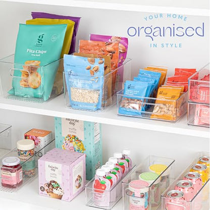 Plastic Food Storage 2 Pack Clear Container Bin with Handles for Organizing Kitchen, Pantry, Refrigerator, Freezer, Pantry, Cabinet, Closet, Bathroom. 10”x6”x5” - size: 10x6x5