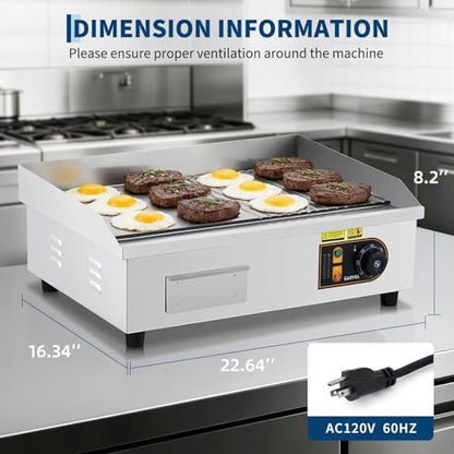 22” Commercial Electric Griddle, 120V 1750W Countertop Griddle, 120-570°F Adjustable Temp, Stainless Steel Electric Half-Flat Top Grill with Removable Drip Tray for Restaurant/Kitchen/Home - size: 22 inch (Half-Flat)