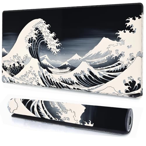 Mouse Pad Desk Mat,XXL Extended Gaming Mouse Pad Desk Pad,35.7x15.7in Large Mousepad Thicken to 3mm Non-Slip Rubber Base Mousepad with Stitched Edges,Japanese Sea Wave Desks Mat for Keyboard Mouses - color: raging waves