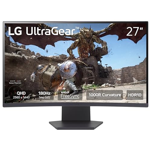 LG 27GS60QC-B Ultragear 27-inch Curved Gaming Monitor QHD (2560x1440) 180Hz 1ms 1000R AMD FreeSync HDR10 HDMIx2 DisplayPort Borderless Design Black Stabilizer DAS Crosshair FPS Counter - Black - size: 27 inch, style: 180Hz