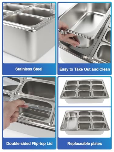 Kalolary 9 Grids Stainless Steel Topping Containers with Flip Lids