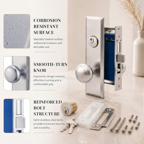 Tandefio 1 Set Mortise Lock with 2-1/2" Backset, Left Hand, Silver - style: Left Hand