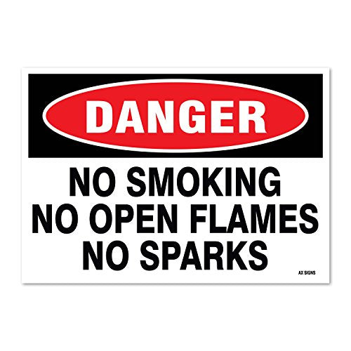 Danger: No Smoking No Open Flames No Sparks, 10 x 7 Inch, Black/Red on White, Self-Adhesive Vinyl Sticker