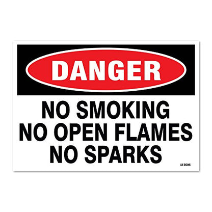Danger: No Smoking No Open Flames No Sparks, 10 x 7 Inch, Black/Red on White, Self-Adhesive Vinyl Sticker