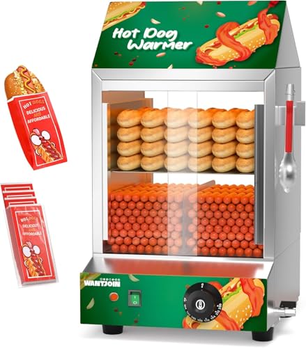 WantJoin Hot Dog Steamer Commercial 28.8QT Hot Dog Steamer with Bun Warmer, Glass Sliding Door Steaming Machine for 175 Hot Dogs and 40 Buns Adjustable Temperature - color: Green, size: 28.8QT
