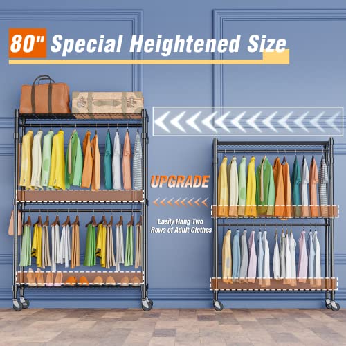 Homdox Double Rod Closet 3 Shelves Wire Shelving Clothing Rolling Rack Heavy Duty Garment Rack with Wheels and Side Hooks - color: Black, size: 17.72"D x 47.24"W x 80.71"H