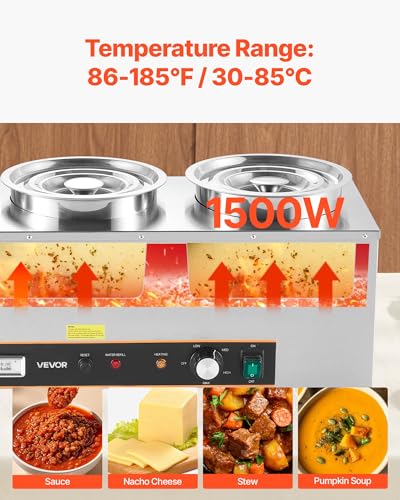 VEVOR Electric Soup Warmer, Three 6.34QT Stainless Steel Round Pot with 86~185°F Adjustable Temp, 1500W Commercial Bain Marie with Anti-Dry Burn and Reset Button, Soup Station for Restaurant, Buffet - size: 3×6L Pots