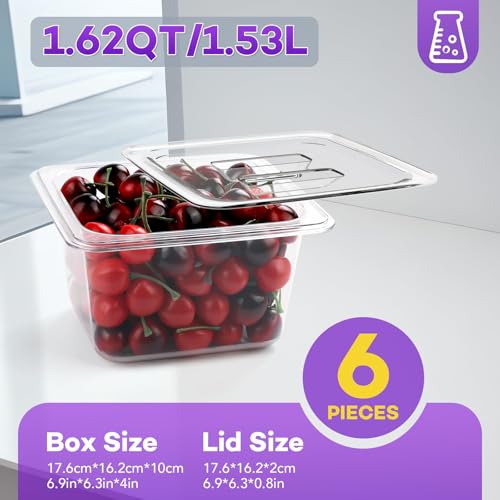 VOISEN 6 Pack Plastic Food Pan with Lids 1/6 Size 4 Inch Deep - color: 6 Pack 1/6 4"Deep