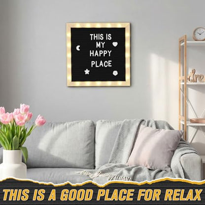 10 x 10 Inches Felt Letter Board & LED Light, Black, Natural Wood - color: Black, size: 10 x 10 Inches, style: Natural Wood