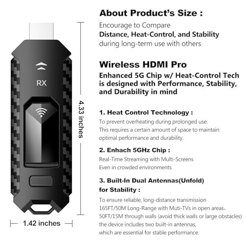 Wireless HDMI PRO- Transmitter and Receiver, Portable Multi-TVs Extender Kit, Plug and Play, Heat-Control, 5.8G/2.4G @60Hz 165FT/50M, Wirelessly Stream Video/PPT from Laptop to Multiple HDTVs/Monitors - size: 1TX+1RX