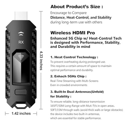 Wireless HDMI PRO- Transmitter and Receiver, Portable Multi-TVs Extender Kit, Plug and Play, Heat-Control, 5.8G/2.4G @60Hz 165FT/50M, Wirelessly Stream Video/PPT from Laptop to Multiple HDTVs/Monitors - size: 1TX+1RX