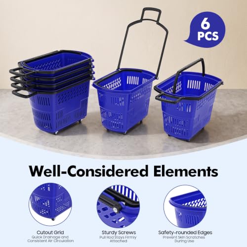 6PCS Shopping Basket 35L Portable Plastic Rolling Shopping Cart with Wheels - color: Blue