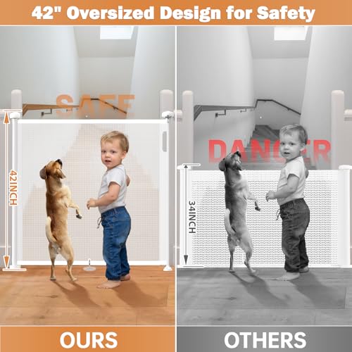 Retractable Baby Gates for Stairs, 78" Extra Wide Retractable Dog Gate with Support Rods for The House, 42" Extra Tall Baby Safety Gates Pet Gate for Doorways, Hallways, Indoor, Outdoor - color: White, size: 42" Tall x 78" Wide