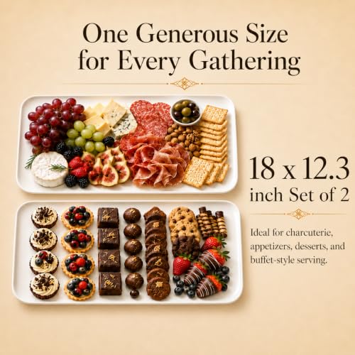DELLING 18 Inch Large Serving Platter Set of 2, White Porcelain Serving Trays 18" x 12.3", Rectangular Platters for Turkey Fruit Appetizer Party, Oven Microwave Dishwasher Safe, Wedding Entertaining - color: White, size: 18 inch