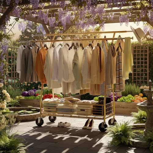 Raybee Gold Clothing Rack, 630LBS, Double Rods with Storage Basket - color: Gold, style: Double Rods