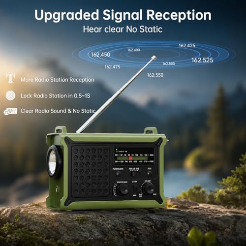 12000mAh/44400mWh Emergency Radio, NOAA Weather Radio, Hand Crank & Solar - color: Amy Green